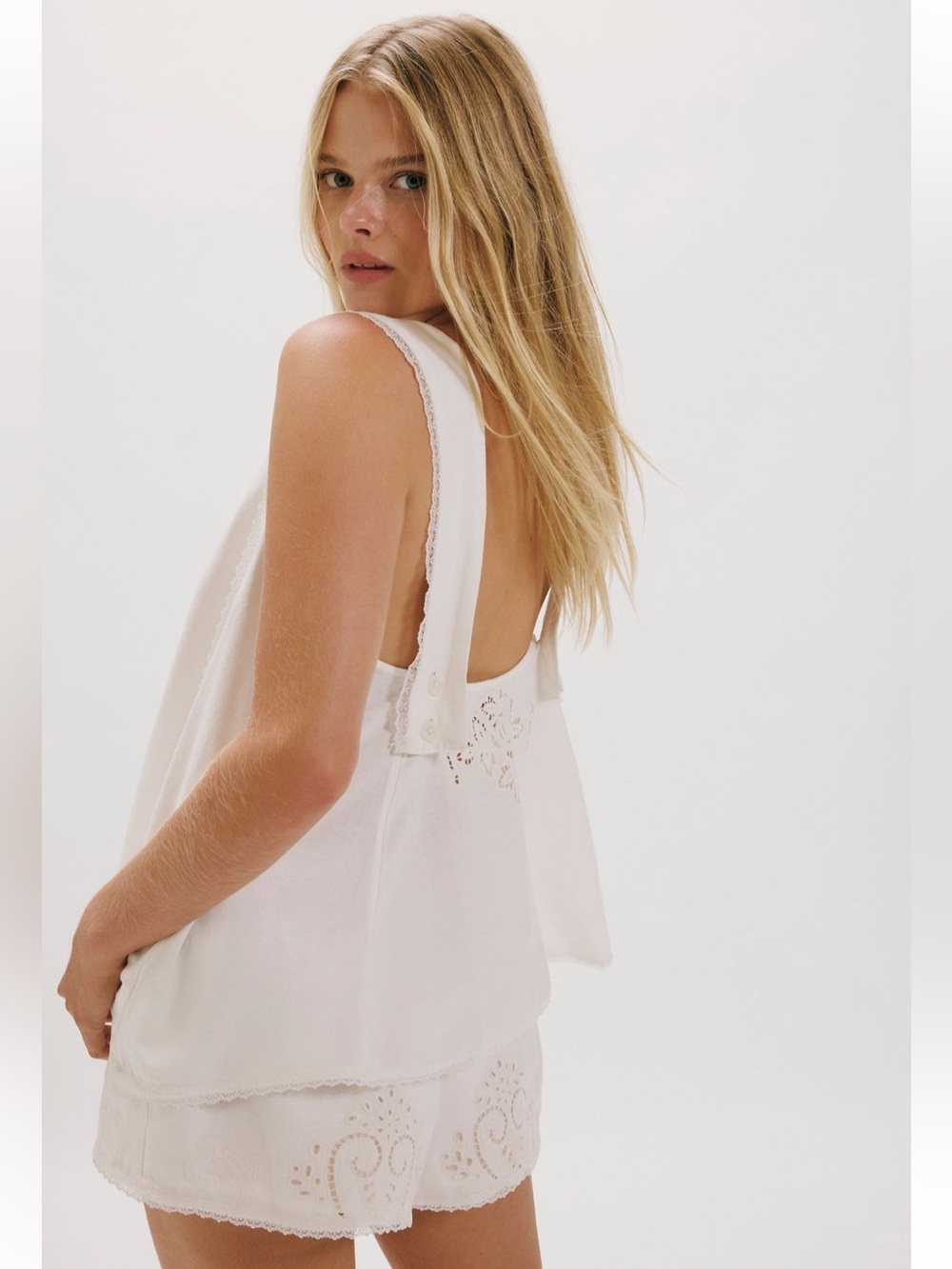 Free People True Charm Embroidered Short Set Linen Top Micro Shorts White XS NEW - Picture 2 of 10